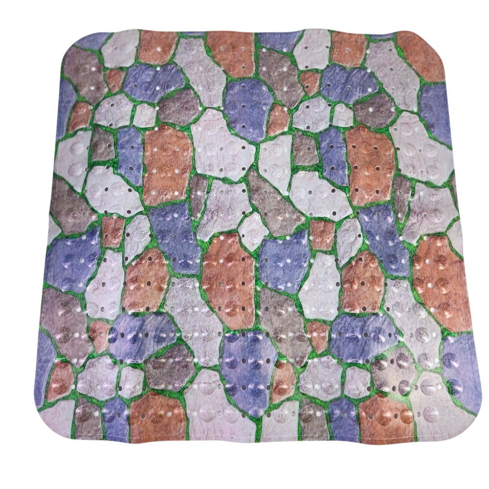 Square Cobblestone Pebble Print Shower Mat Non-Slip Suction Cup Multicolor 31x31 - Picture 1 of 6